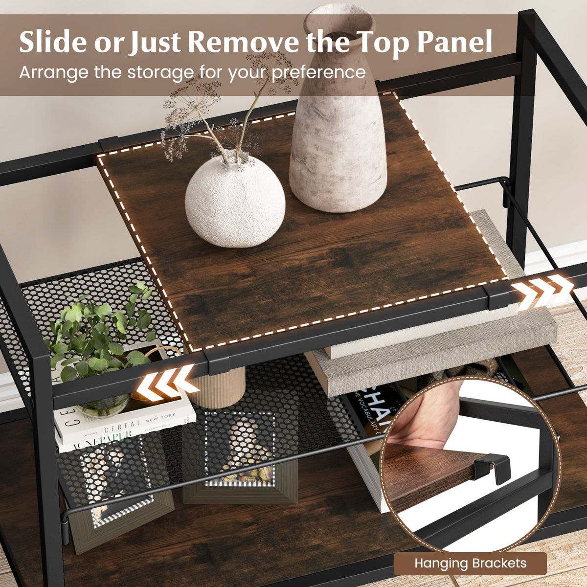 Industrial Entryway Table with Removable Panel and Mesh Shelf, photo 8 of 8