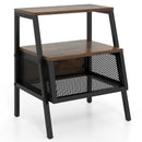 Industrial Nightstand 3-Tier End Table with 2 Open Shelves and Metal Mesh Compartment-Rustic Brown by LJGDeals