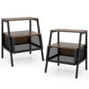 Industrial Nightstand 3-Tier End Table Set of 2 with 2 Open Shelves and Metal Mesh Compartment-Rustic Brown by LJGDeals