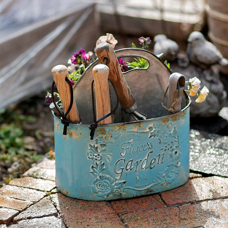 Blue Metal Basket Tool Organizer Flower Garden