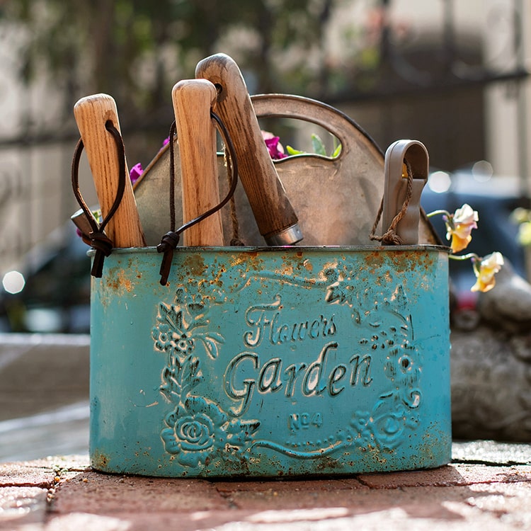 Blue Metal Basket Tool Organizer Flower Garden