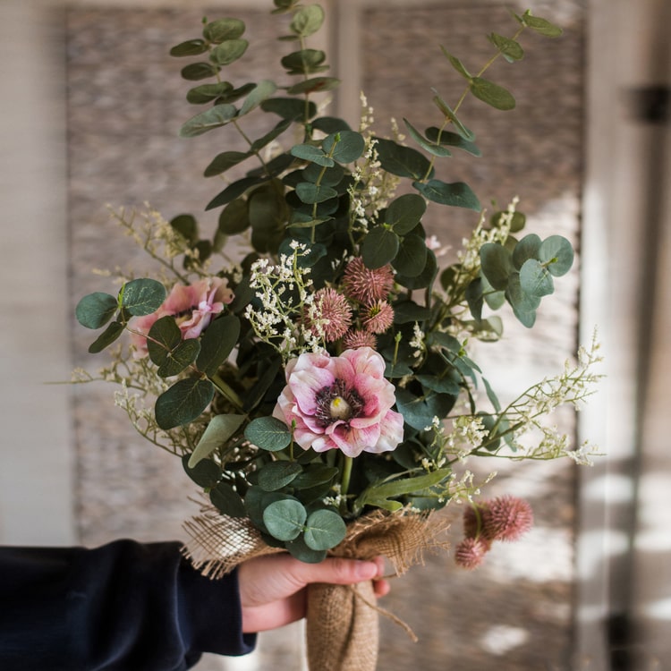 Flower Bouquet Country Pink Flower in Green Eucalyptus 21" Tall