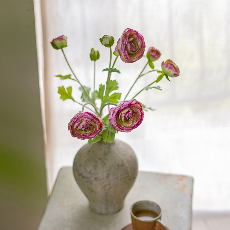 Faux Silk Artificial Buttercup Flower Bundle in Pink Purple 21" Tall