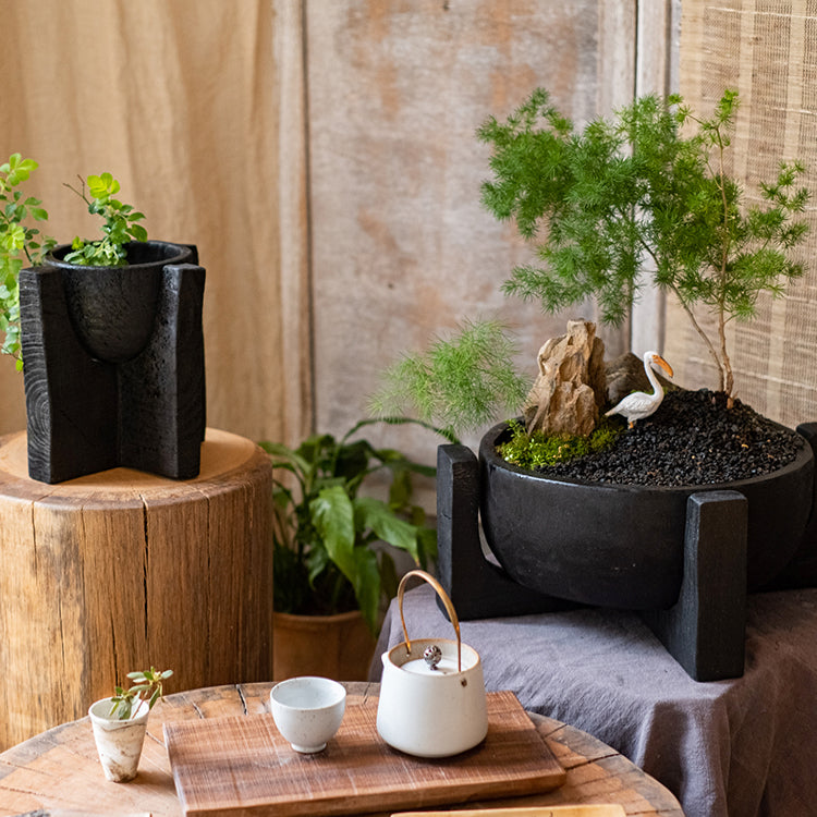 Carbonized Wood Plant Bowl with Stand