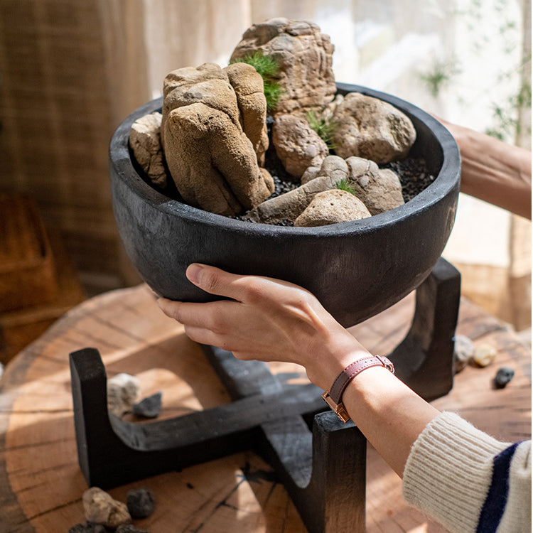 Carbonized Wood Plant Bowl with Stand