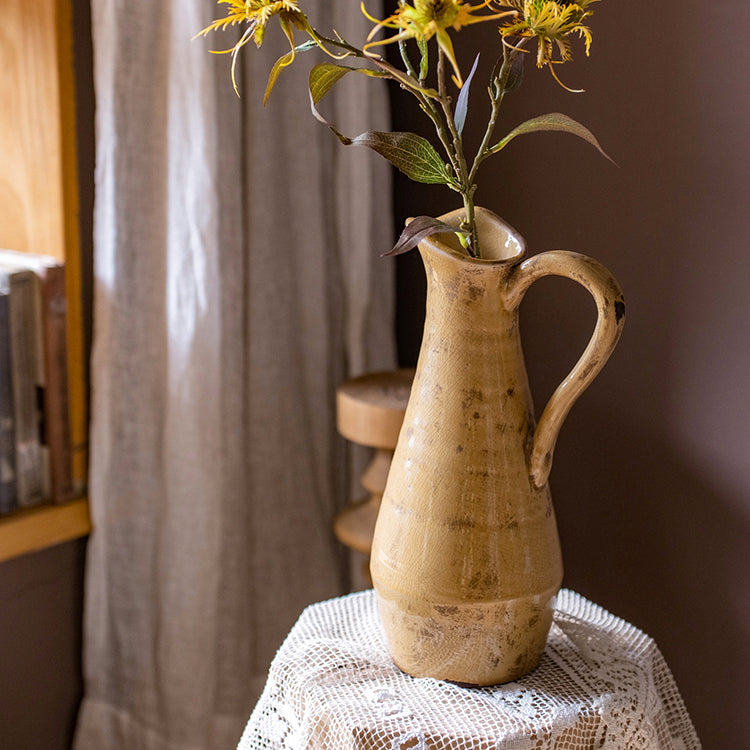 Cream Yellow Terra Cotta Single Handle Vase 12" Tall