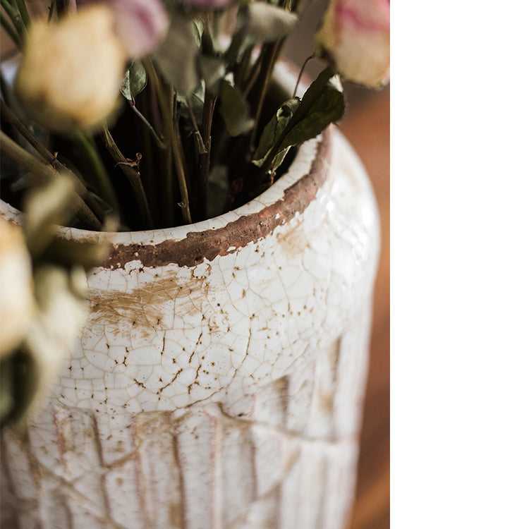 Distressed White Ceramic Flower Jar Vase