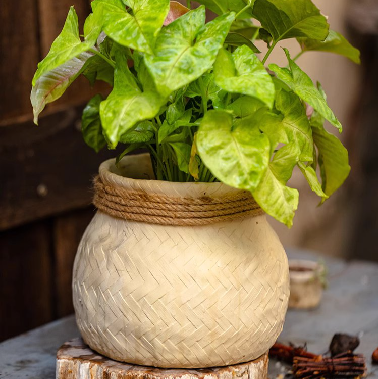 Faux Bamboo Woven Cement Planter