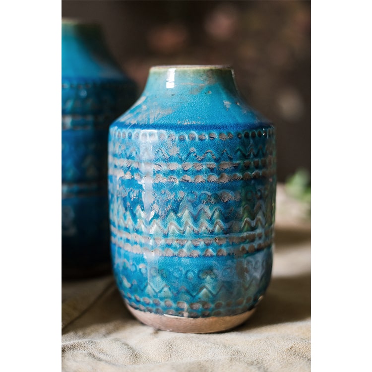 Textured Geometry Pattern Ceramic Vase in Deep Blue