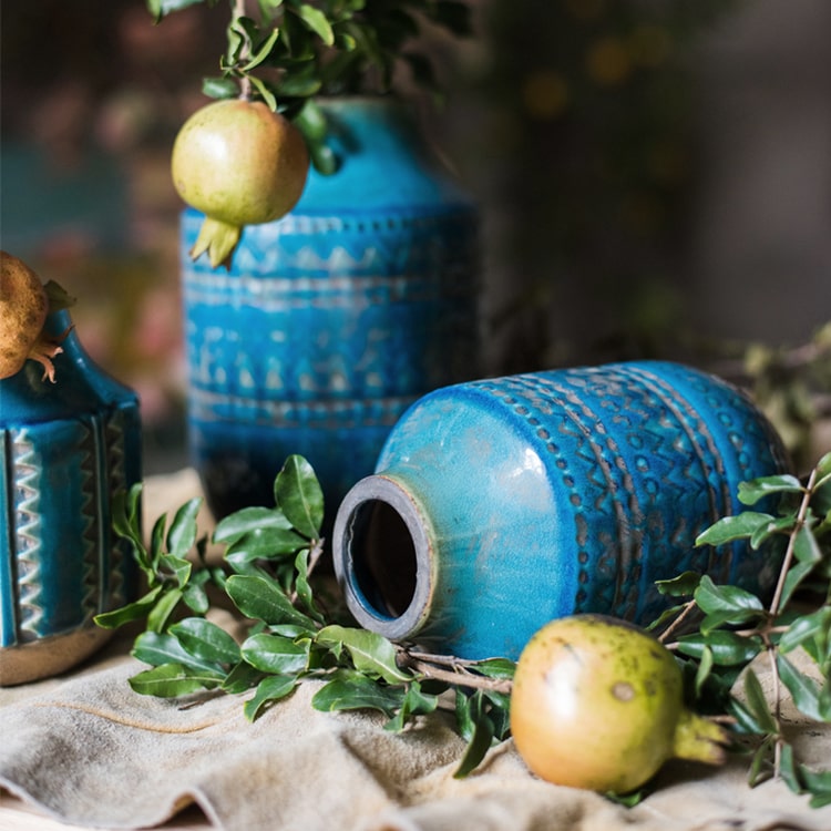 Textured Geometry Pattern Ceramic Vase in Deep Blue