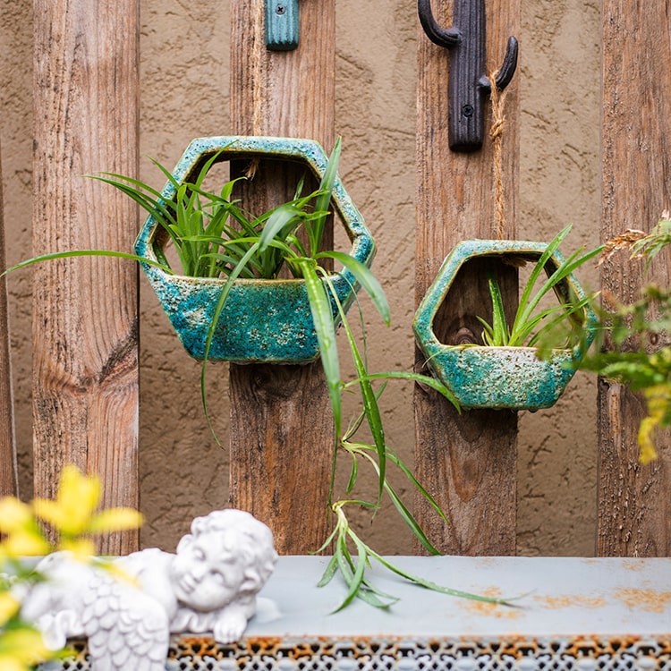 Green Coarse Ceramic Wall Hanging Planter Hexagon