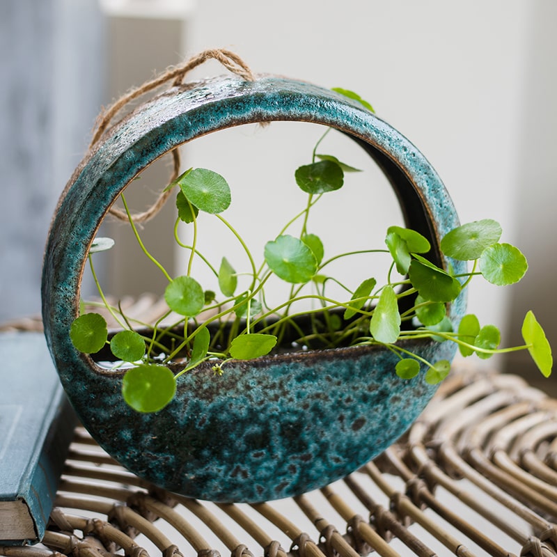 Green Coarse Ceramic Wall Hanging Planter Half Round