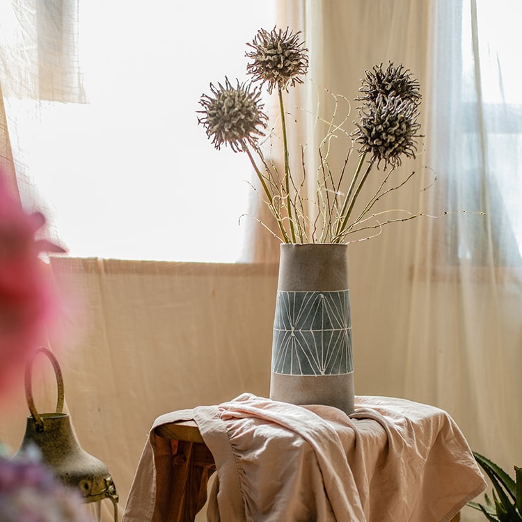 Gray Blue Handpainted Terracotta Table Vase