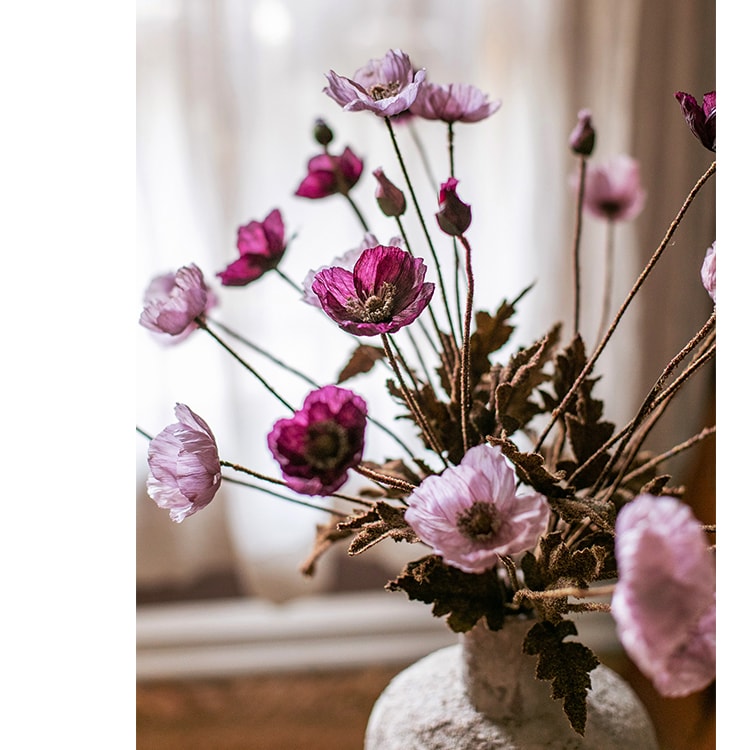 Faux Silk Rustic Poppy Flower Stem in Purple 23" Tall