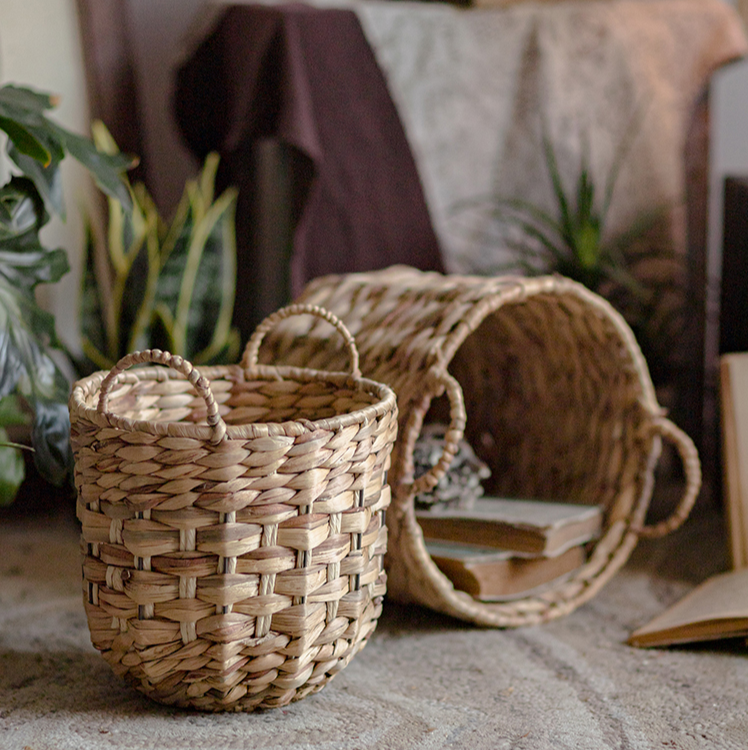 Natural Straw Round Basket with Handles