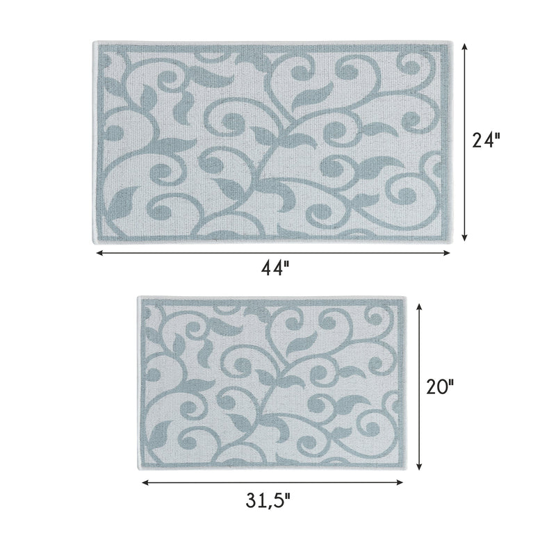 Floral Design Non Skid Washable Kitchen Runner Rugs Set of 2| 44 x 24 and 31.5 x 20 Inches Floor Mats | Gray&Teal