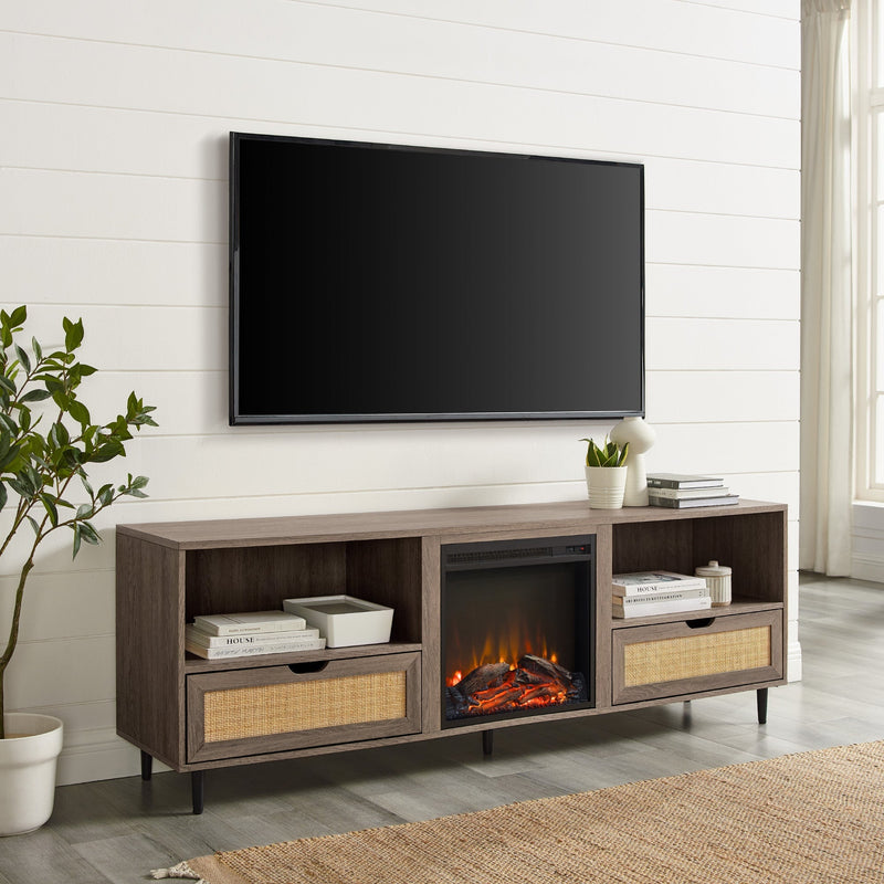 70" Modern Rattan Door Fireplace Console