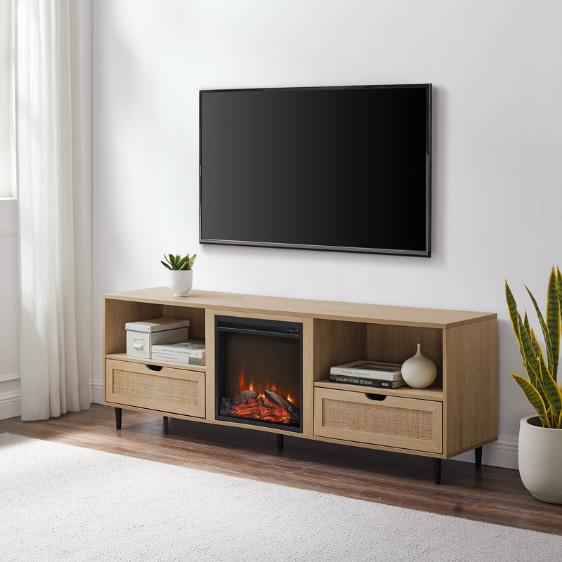 70" Modern Rattan Door Fireplace Console