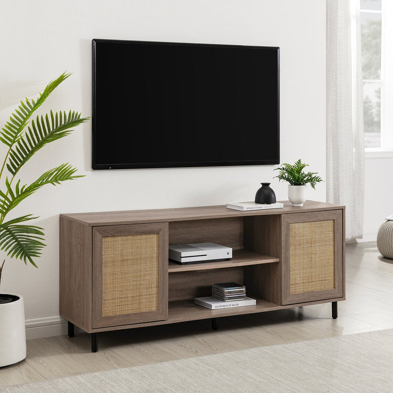 58" 2 Door Wood and Rattan TV Stand