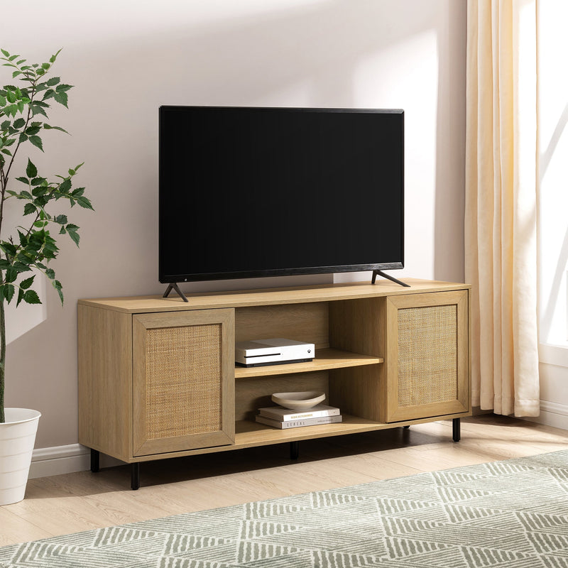 58" 2 Door Wood and Rattan TV Stand