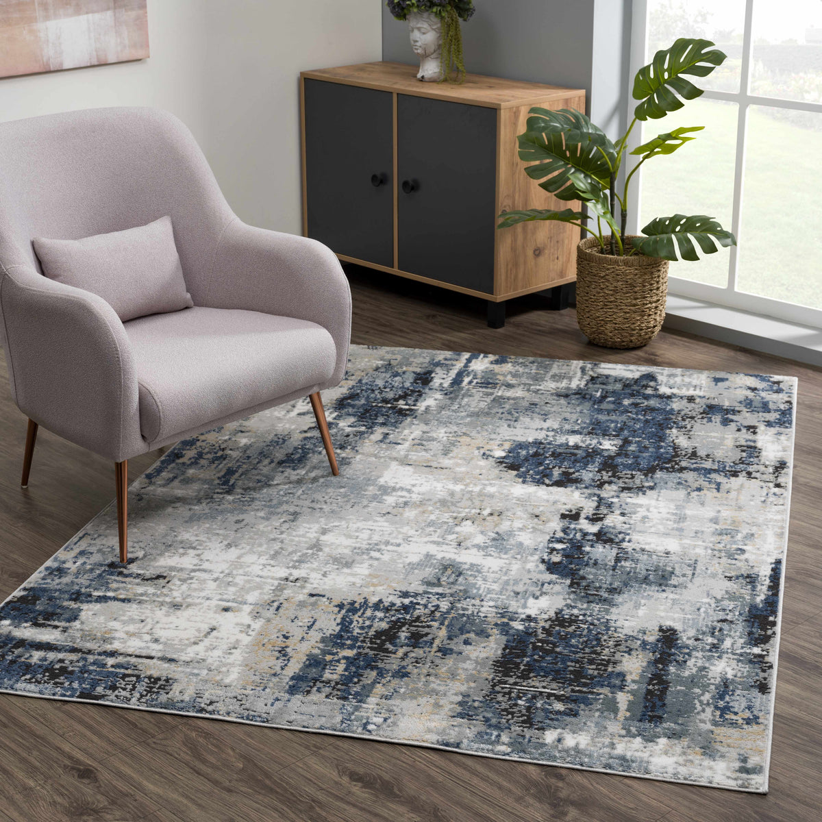 Campsall Gray&Blue Abstract Area Rug, installed in a room