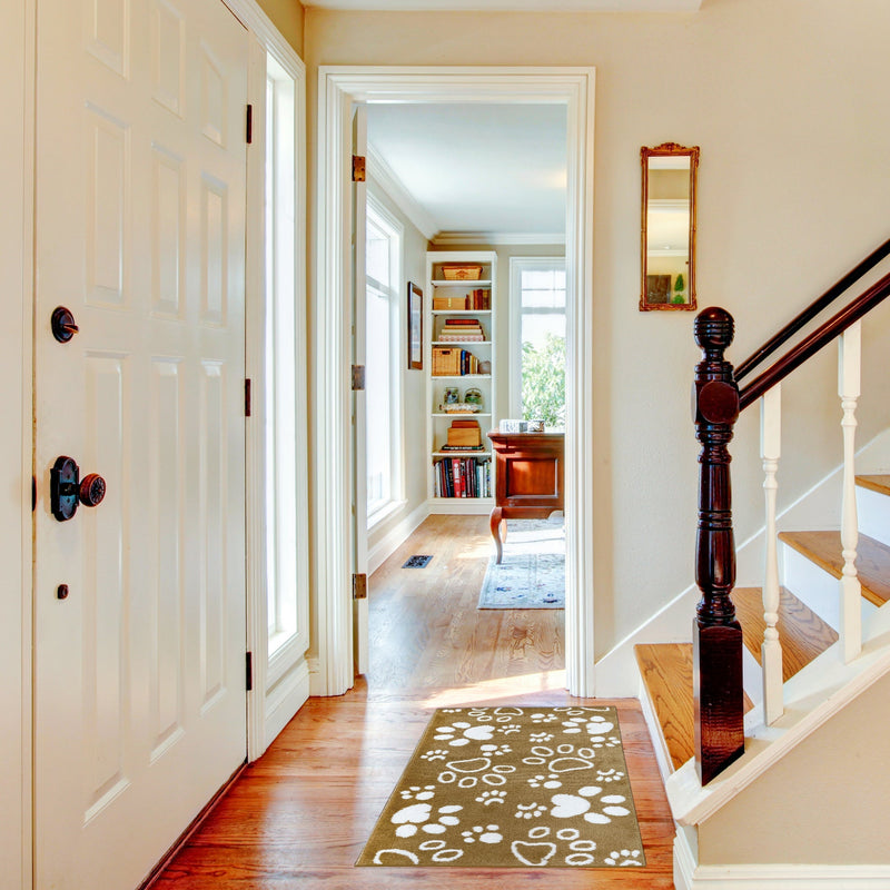 Sussex Home, Landing Rug, Slip Resistant Indoor Carpets Includes Adhesive Tape  2' x 3'-Paw Collection | Beige&White