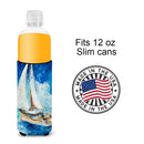 Sailboats in Blue Slim Can Hugger , Insulated Foam Hugger for 12 oz Slim Cans, Beer Bottles & Water Bottles, Printed in USA