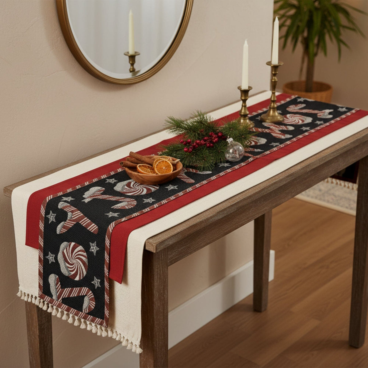 DaDa Bedding Peppermint Joy Red Black Holiday Tapestry Dining Table Runner (12904), photo 9 of 19