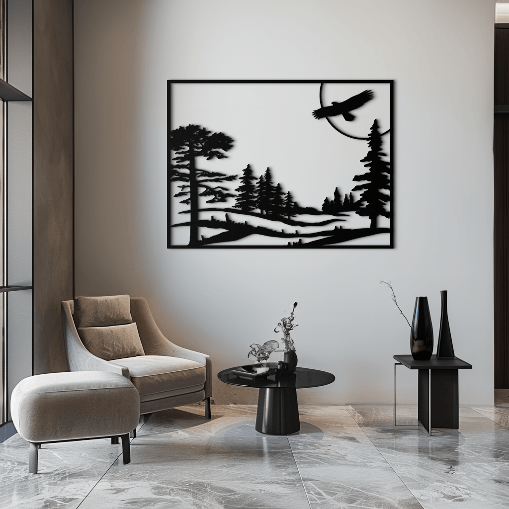 Metal Forest Landscape Wall Art with Eagle - Rustic Style