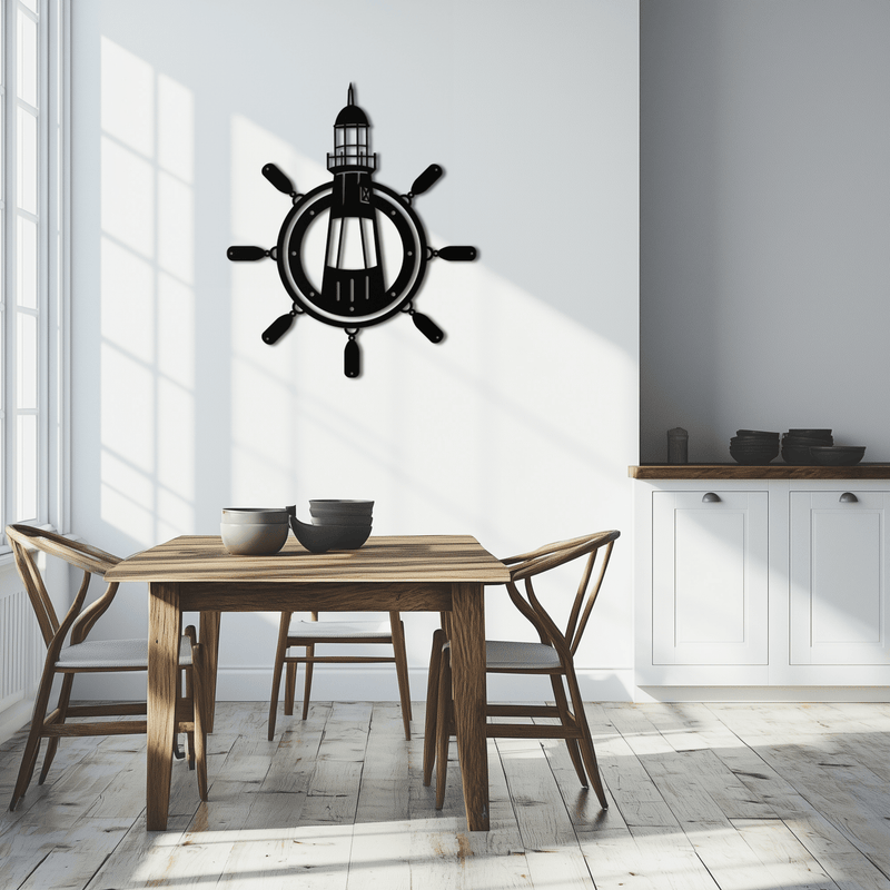 Lighthouse and Ship Wheel Metal Wall Art - Nautical Steel Wall Decor - KAF028