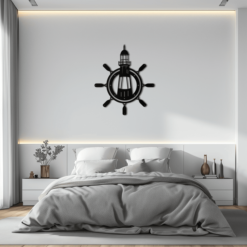 Lighthouse and Ship Wheel Metal Wall Art - Nautical Steel Wall Decor - KAF028