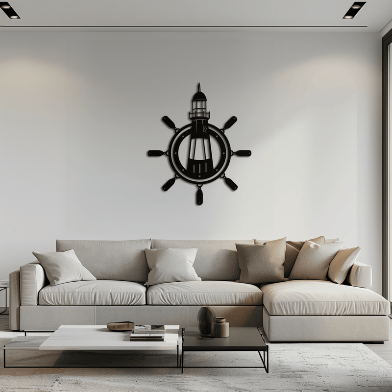 Lighthouse and Ship Wheel Metal Wall Art - Nautical Steel Wall Decor - KAF028