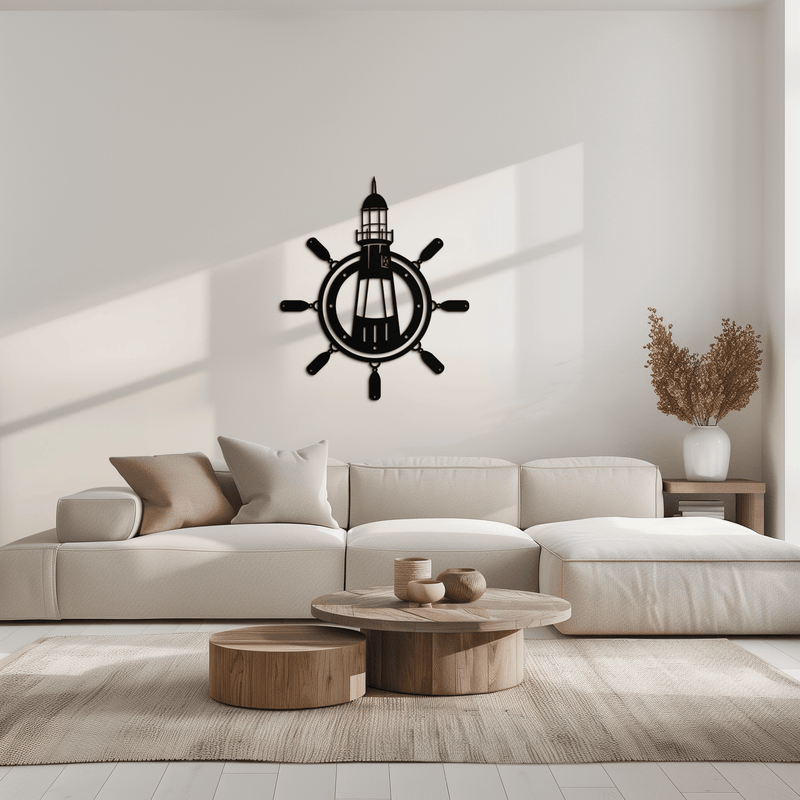 Lighthouse and Ship Wheel Metal Wall Art - Nautical Steel Wall Decor - KAF028