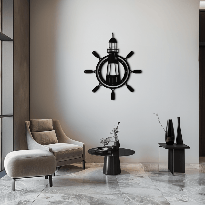 Lighthouse and Ship Wheel Metal Wall Art - Nautical Steel Wall Decor - KAF028