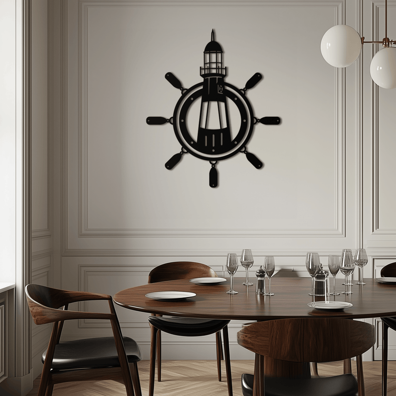 Lighthouse and Ship Wheel Metal Wall Art - Nautical Steel Wall Decor - KAF028