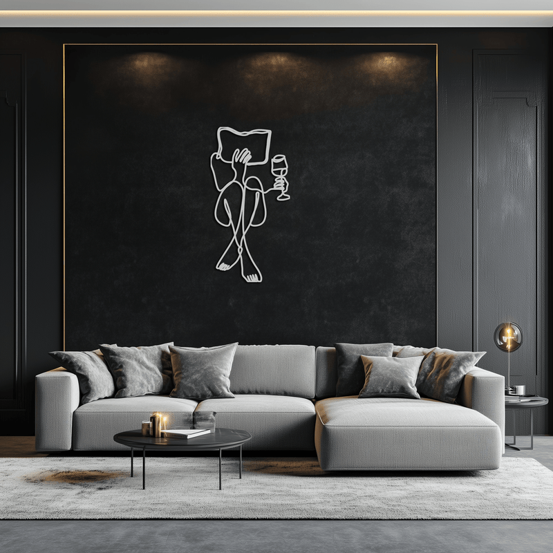 Reading & Wine Line Art Metal Wall Art - Minimalist Steel Wall Decor - KAF030