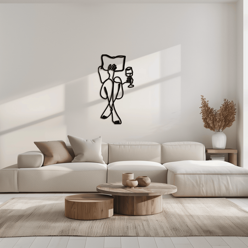 Reading & Wine Line Art Metal Wall Art - Minimalist Steel Wall Decor - KAF030