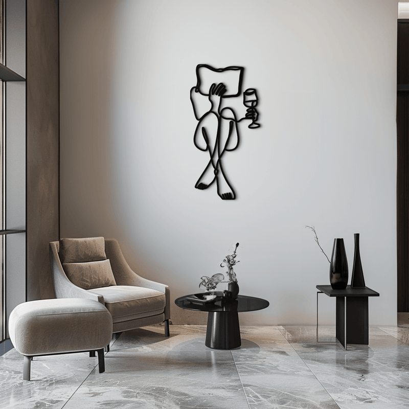 Reading & Wine Line Art Metal Wall Art - Minimalist Steel Wall Decor - KAF030