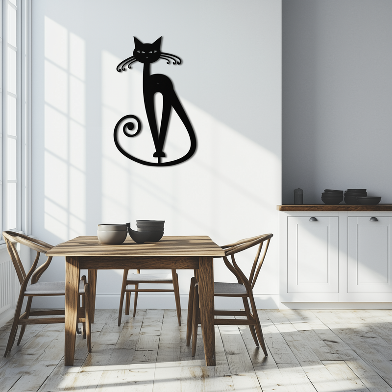 Elegant Cat Metal Wall Art - Geometric Black Metal Wall Sculpture - KAF052