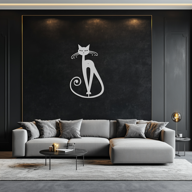 Elegant Cat Metal Wall Art - Geometric Black Metal Wall Sculpture - KAF052