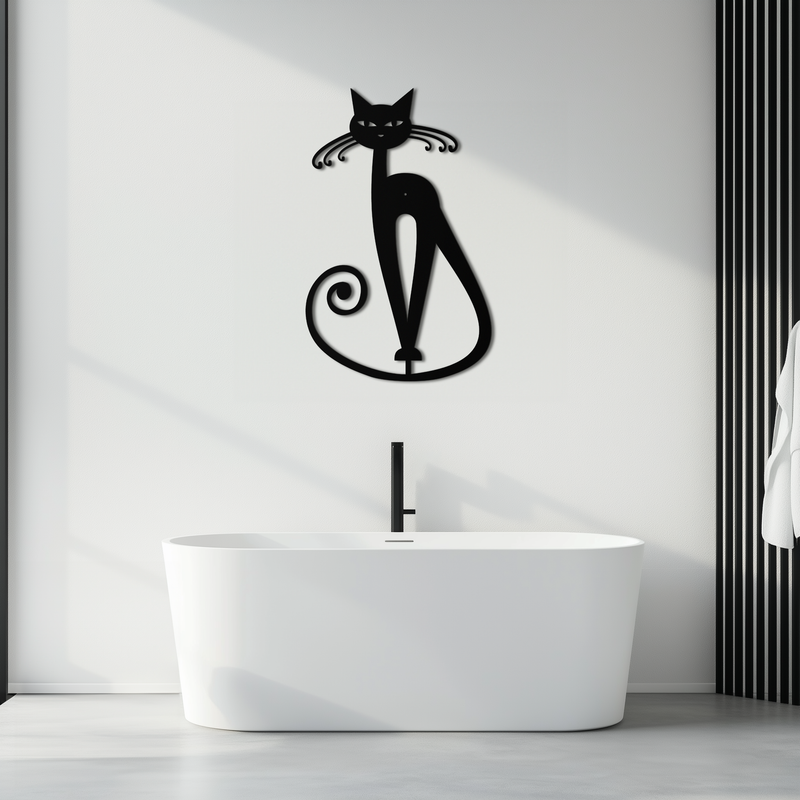 Elegant Cat Metal Wall Art - Geometric Black Metal Wall Sculpture - KAF052