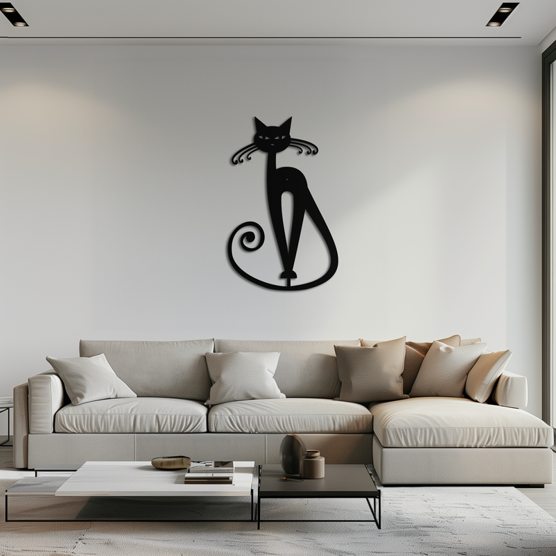 Elegant Cat Metal Wall Art - Geometric Black Metal Wall Sculpture - KAF052