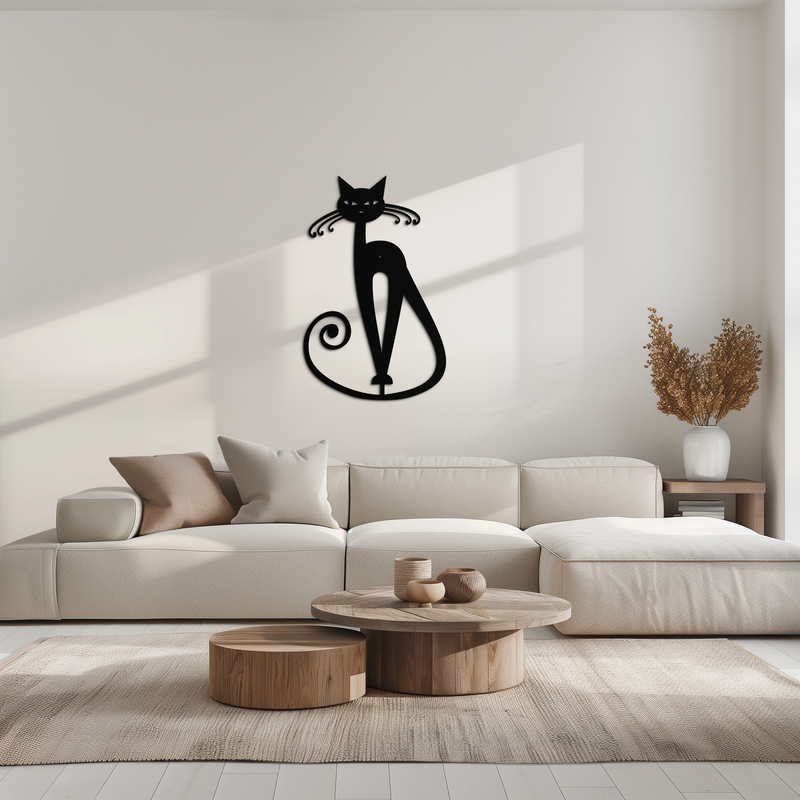 Elegant Cat Metal Wall Art - Geometric Black Metal Wall Sculpture - KAF052