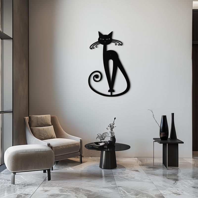 Elegant Cat Metal Wall Art - Geometric Black Metal Wall Sculpture - KAF052