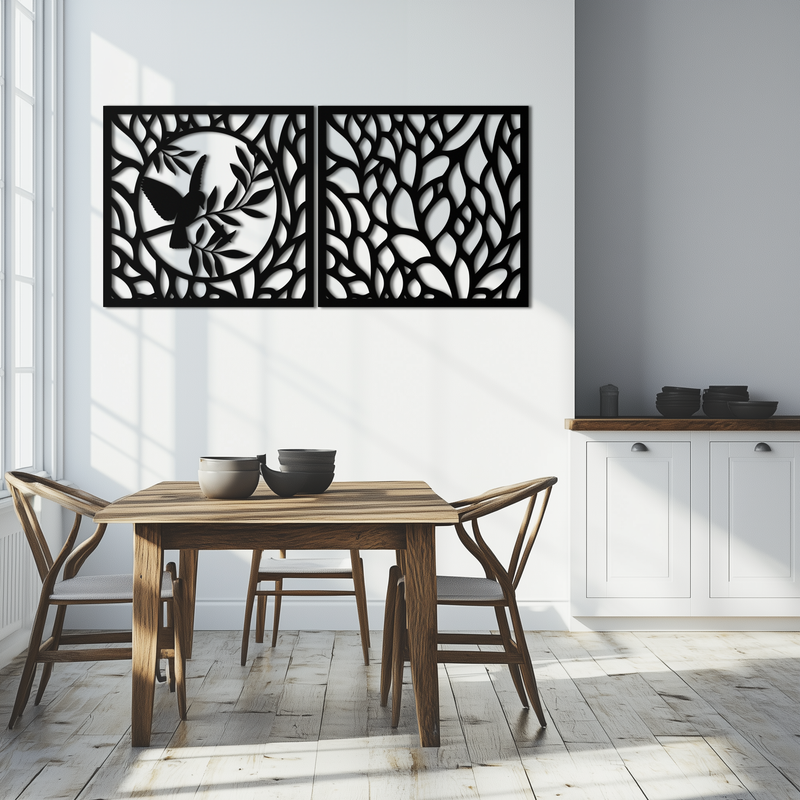 Hummingbird & Leaves Metal Wall Art - Elegant Dual Panel Steel Decor - KAF054