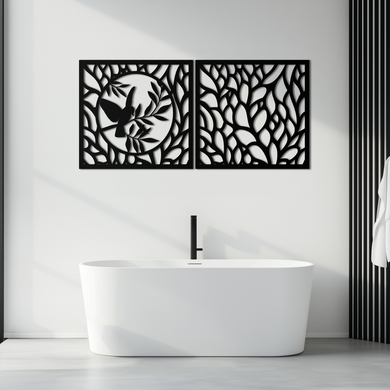 Hummingbird & Leaves Metal Wall Art - Elegant Dual Panel Steel Decor - KAF054