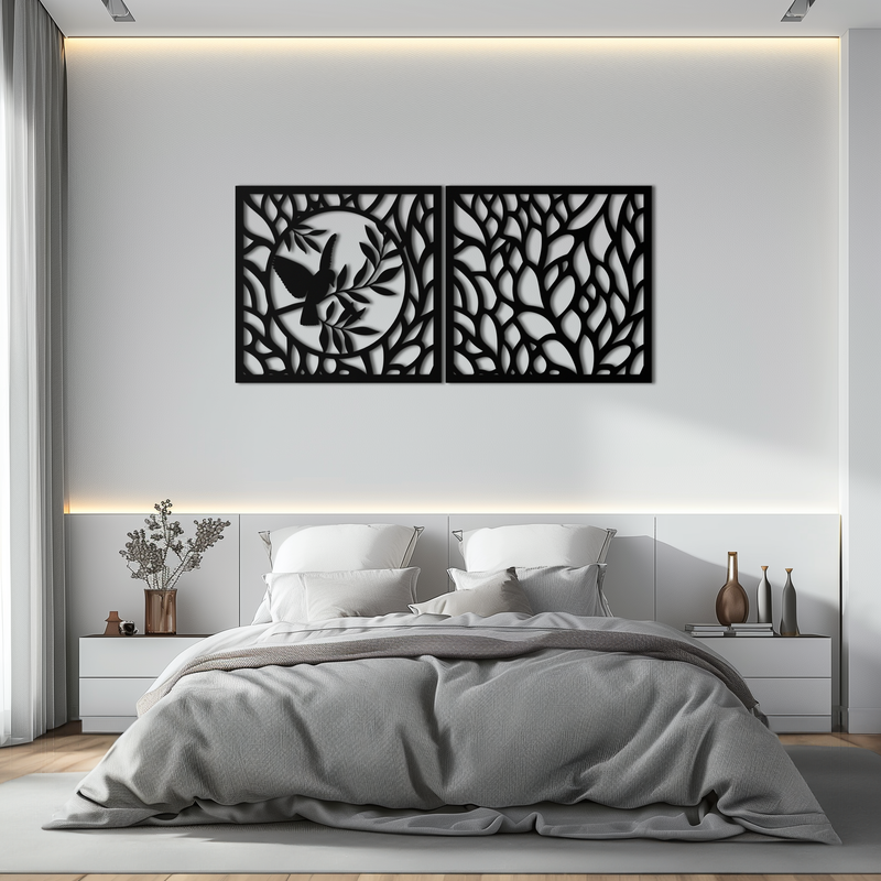 Hummingbird & Leaves Metal Wall Art - Elegant Dual Panel Steel Decor - KAF054