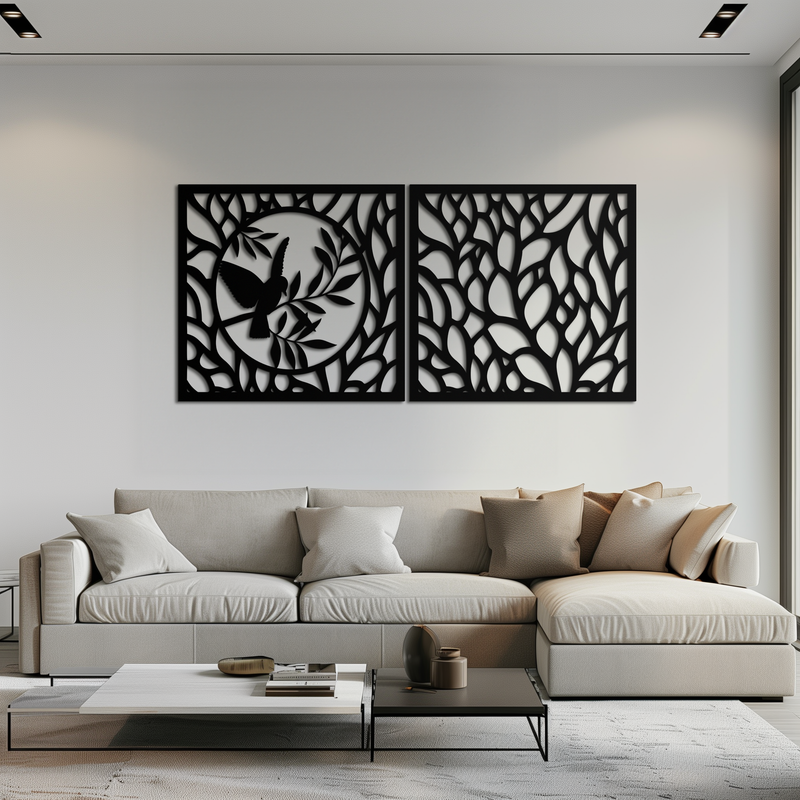 Hummingbird & Leaves Metal Wall Art - Elegant Dual Panel Steel Decor - KAF054