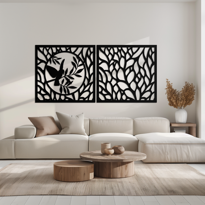 Hummingbird & Leaves Metal Wall Art - Elegant Dual Panel Steel Decor - KAF054