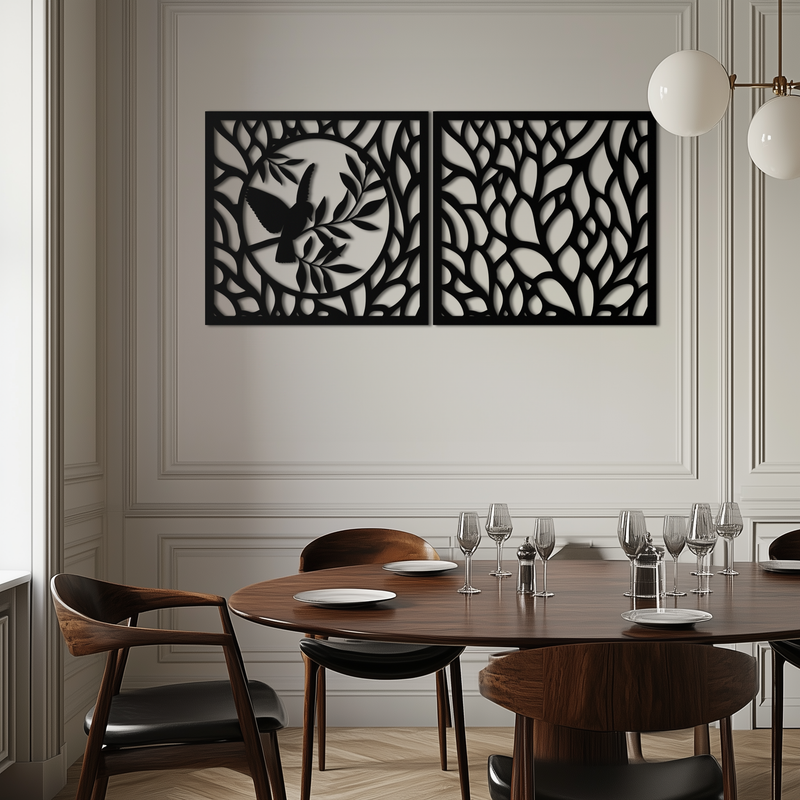 Hummingbird & Leaves Metal Wall Art - Elegant Dual Panel Steel Decor - KAF054